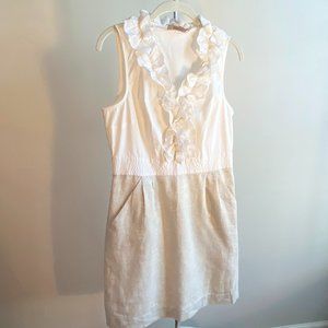 LOFT White and Metallic Ruffle Detail Dress, Perfect Condition